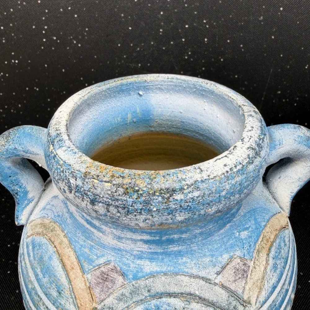 Andalusia Spain Studio Pottery Vase Blue White Geometric Carved 6in Handle VTG